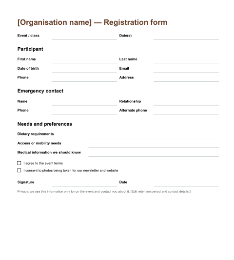 A registration form from one of the template packs